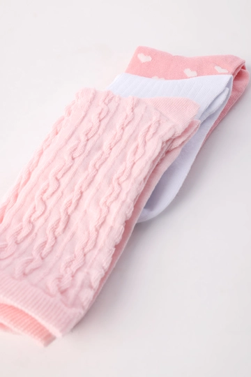 A wholesale clothing model wears  -white-pink 3-Piece Socks Set - Pink
, Turkish wholesale Socks of Allday