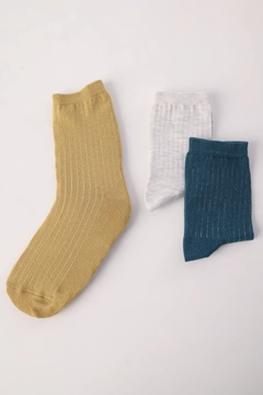 A wholesale clothing model wears all12309-set-of-3-socks-petrol-&-mustard-&-gray, Turkish wholesale Socks of Allday