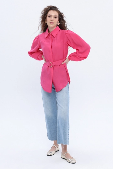 A wholesale clothing model wears  Belted Shirt Tunic - Pink
, Turkish wholesale Tunic of Allday