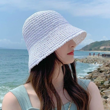 A wholesale clothing model wears  Hand Knitted Straw Hat - White
, Turkish wholesale Hat of Axesoire