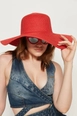 A wholesale clothing model wears axs11499-wide-straw-hat-red, Turkish wholesale  of 