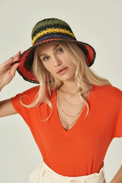 A wholesale clothing model wears axs11495-color-braided-straw-hat-black, Turkish wholesale Hat of Axesoire