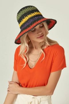 A wholesale clothing model wears axs11495-color-braided-straw-hat-black, Turkish wholesale Hat of Axesoire