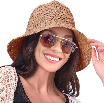A wholesale clothing model wears  Hand Knitted Straw Hat - Camel
, Turkish wholesale Hat of Axesoire