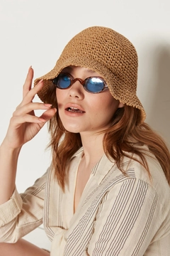 A wholesale clothing model wears axs11500-hand-knitted-straw-hat-camel, Turkish wholesale Hat of Axesoire