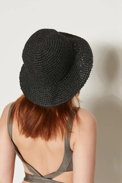 A wholesale clothing model wears axs11503-hand-knitted-straw-hat-black, Turkish wholesale Hat of Axesoire