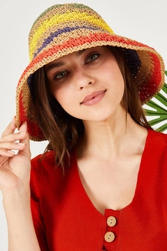 A wholesale clothing model wears axs11504-color-braided-straw-hat-mink, Turkish wholesale Hat of Axesoire