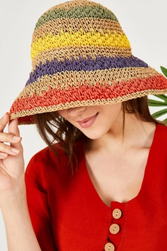 A wholesale clothing model wears axs11504-color-braided-straw-hat-mink, Turkish wholesale Hat of Axesoire