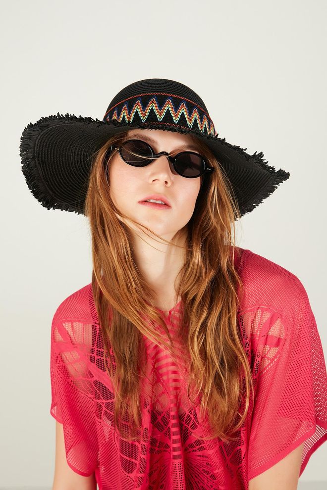 Axesoire Zigzag Striped Fringed Wide Straw Hat Black Wholesale Clothing 0