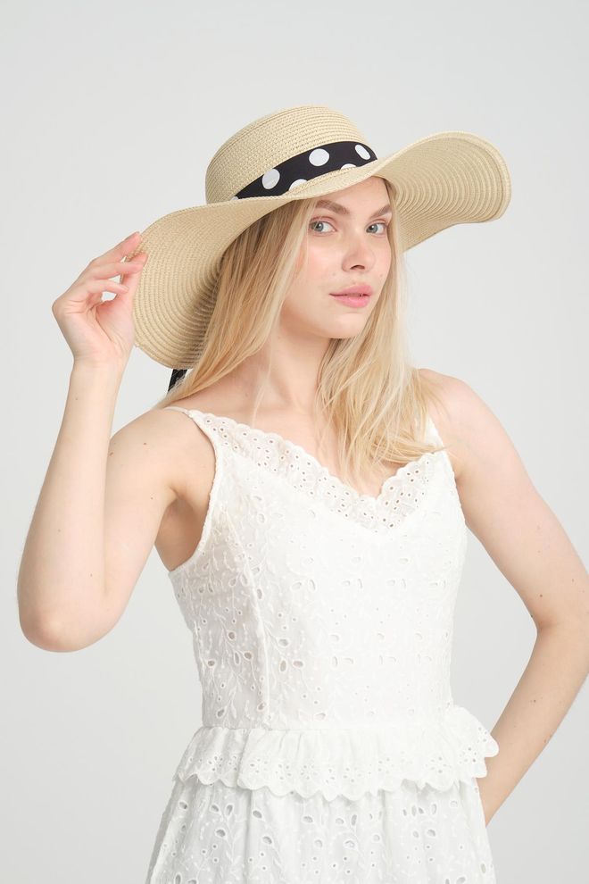 Axesoire Beiger Breiter Strohhut Mit Schwarzer Gepunkteter Schleife – Weiß Großhandelskleidung 0