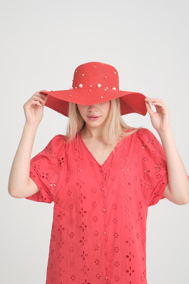 Axesoire Breiter Strohhut Mit Perlen Rot Großhandelskleidung 0