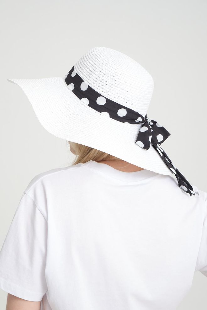 Axesoire Breiter Strohhut Mit Schwarzer Gepunkteter Schleife – Weiß Großhandelskleidung 0