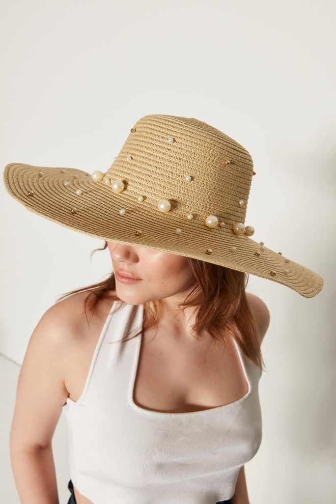 Axesoire قبعة من القش مفتوحة على مصراعيها مع لؤلؤ في الأعلى بيج ملابس بالجملة 0