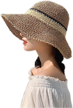 A wholesale clothing model wears axs11569-hand-knitted-striped-camel-straw-hat-beige, Turkish wholesale Hat of Axesoire