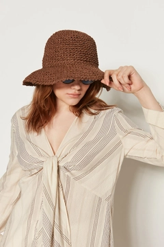 A wholesale clothing model wears axs11580-hand-knitted-brown-straw-hat-brown, Turkish wholesale Hat of Axesoire