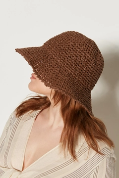 A wholesale clothing model wears axs11580-hand-knitted-brown-straw-hat-brown, Turkish wholesale Hat of Axesoire