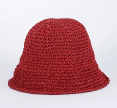 A wholesale clothing model wears axs11581-hand-knitted-straw-hat-red, Turkish wholesale Hat of Axesoire