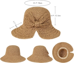 A wholesale clothing model wears axs11583-hand-knitted-bow-straw-hat-camel, Turkish wholesale Hat of Axesoire