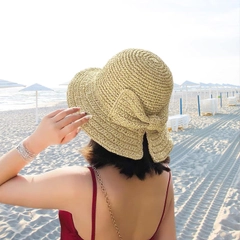 A wholesale clothing model wears axs11584-hand-knitted-bow-straw-hat-beige, Turkish wholesale Hat of Axesoire