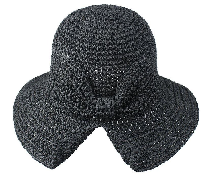 A wholesale clothing model wears axs11585-hand-knitted-bow-straw-hat-black, Turkish wholesale Hat of Axesoire