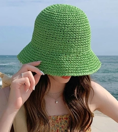 A wholesale clothing model wears axs11607-hand-knitted-straw-hat-green, Turkish wholesale Hat of Axesoire