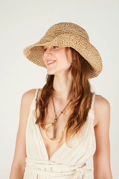 A wholesale clothing model wears axs11616-hand-knitted-straw-hat-camel, Turkish wholesale Hat of Axesoire