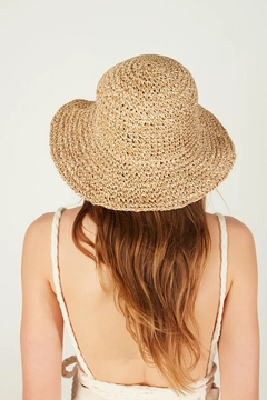 A wholesale clothing model wears axs11616-hand-knitted-straw-hat-camel, Turkish wholesale Hat of Axesoire