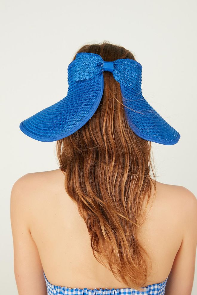 Axesoire Sax Wide Open Top Straw Visor Hat With Bow Blue Wholesale Clothing 0