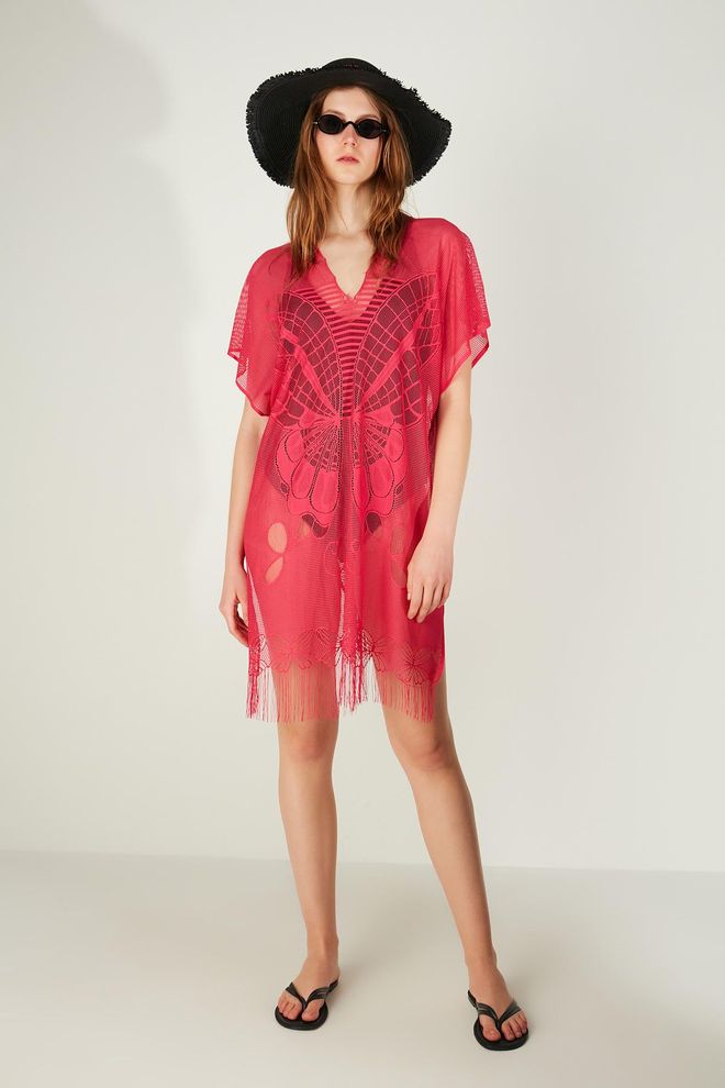 Axesoire Butterfly Patterned Mesh Pareo Fuchsia Wholesale Clothing Casual