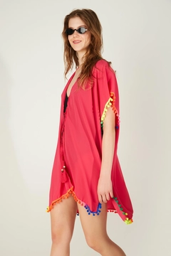 A wholesale clothing model wears axs11624-colorful-tassel-detailed-pareo-fuchsia, Turkish wholesale Pareo of Axesoire