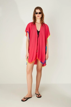 A wholesale clothing model wears axs11624-colorful-tassel-detailed-pareo-fuchsia, Turkish wholesale Pareo of Axesoire