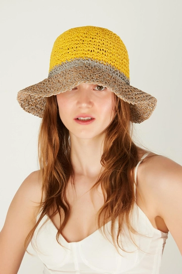 A wholesale clothing model wears  Hand Knitted Straw Hat - Yellow
, Turkish wholesale Hat of Axesoire
