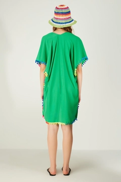 A wholesale clothing model wears axs11636-benetton-pareo-with-colorful-tassel-detail-green, Turkish wholesale Pareo of Axesoire