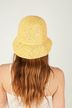 A wholesale clothing model wears axs11639-hand-knitted-straw-hat-yellow, Turkish wholesale Hat of Axesoire