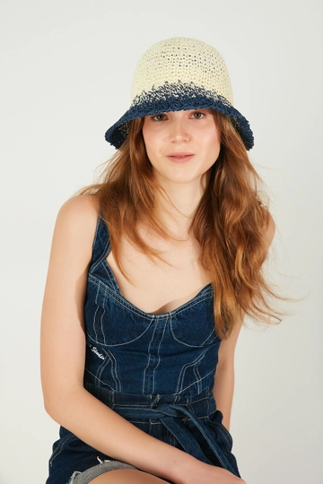 A wholesale clothing model wears  Hand Knitted Navy Blue Straw Hat - Ecru
, Turkish wholesale Hat of Axesoire