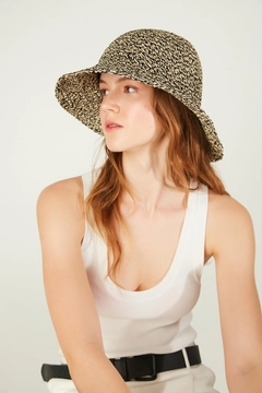 A wholesale clothing model wears axs11648-hand-knitted-straw-hat-black, Turkish wholesale Hat of Axesoire