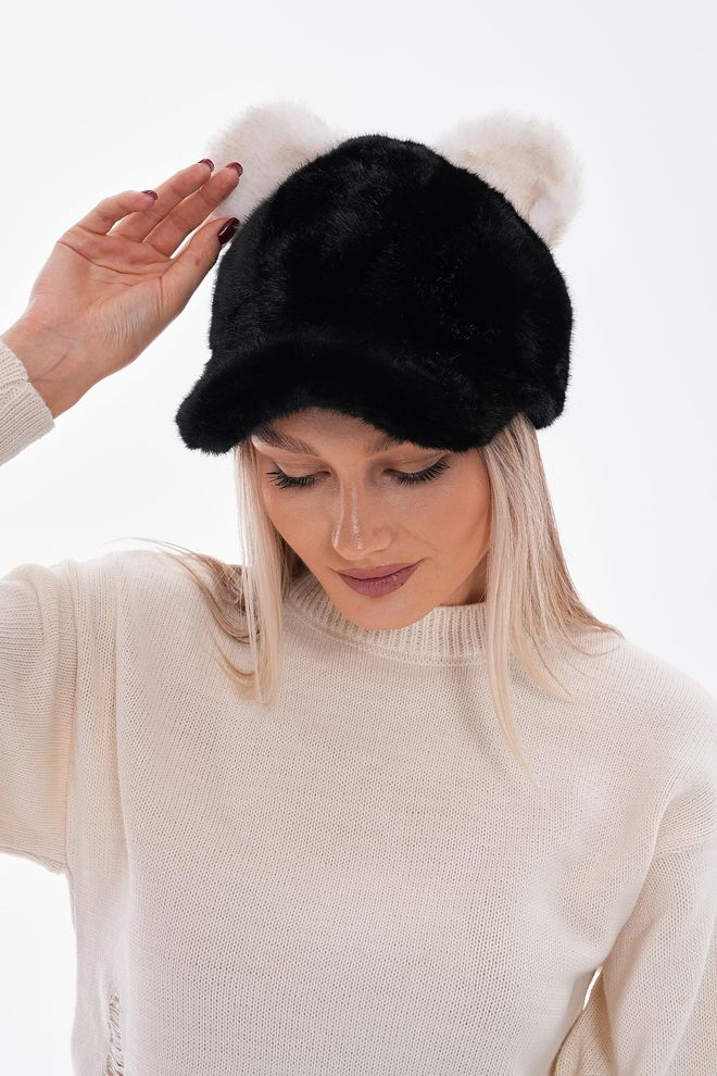 Axesoire Tavşan Kulaklıklı Peluş Kep Siyah Toptan Giyim 0