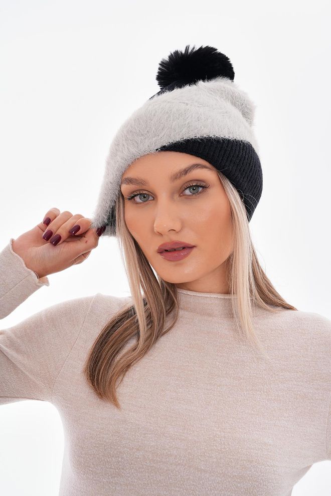 Axesoire Pompom Patterned Polar Fleece Inside Beanie Black Wholesale Clothing 0