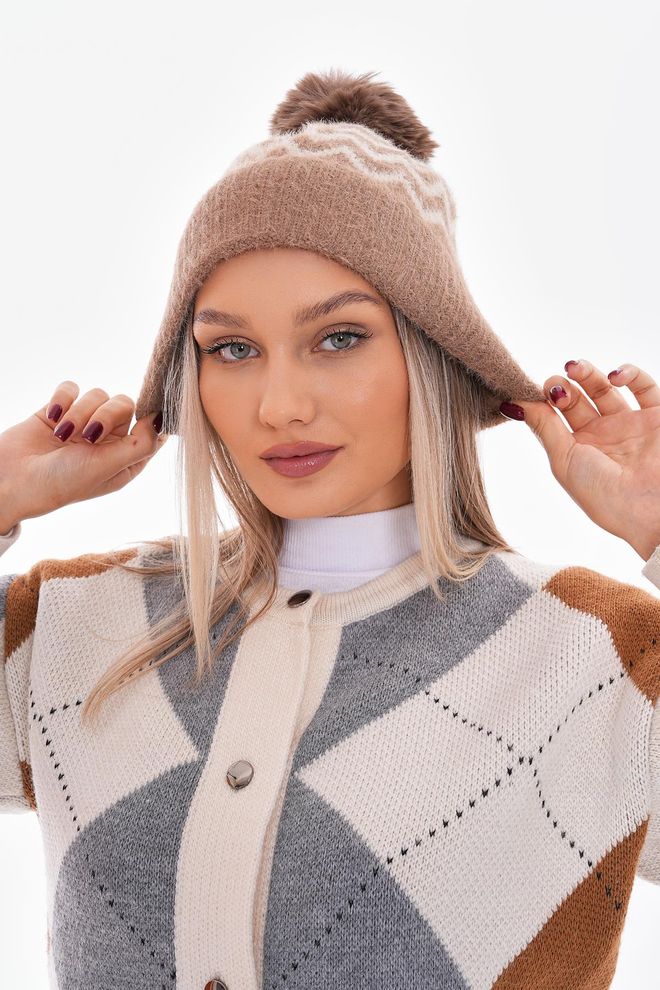 Axesoire Zigzag Patterned Knitted Beanie Camel Wholesale Clothing 0