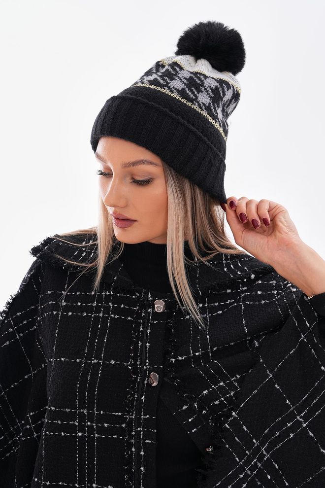 Axesoire Pompom Houndstooth Patterned Beret Black Wholesale Clothing 0