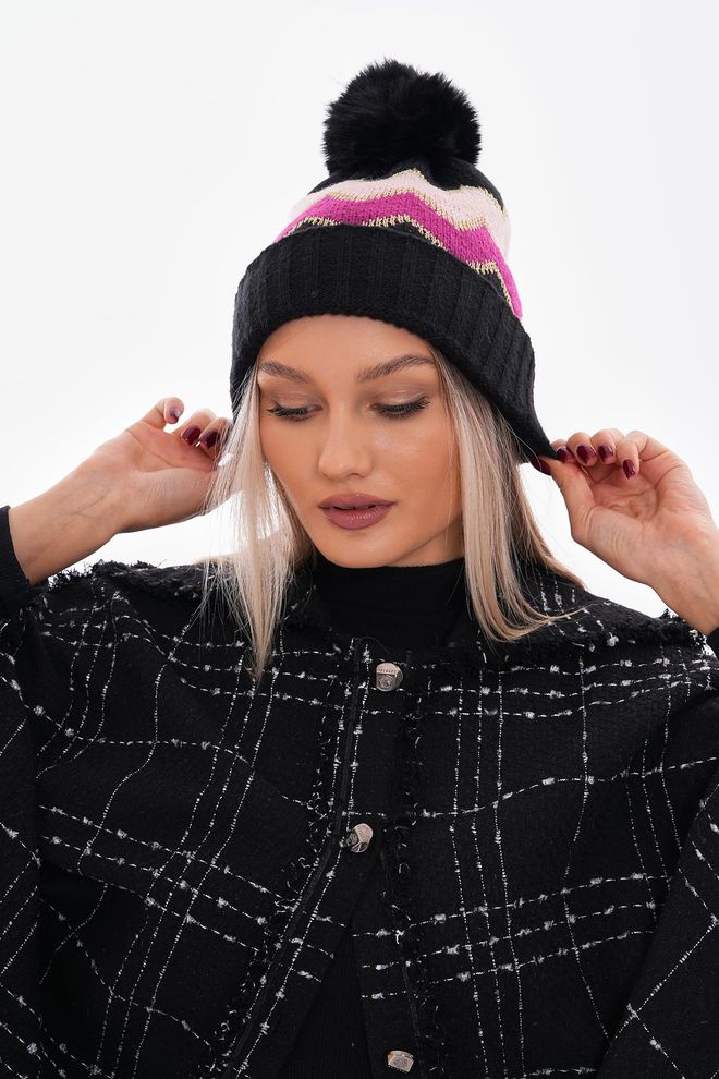 Axesoire Pompom Fuchsia Baret Met Zigzagpatroon Zwart Groothandel Kleding 0