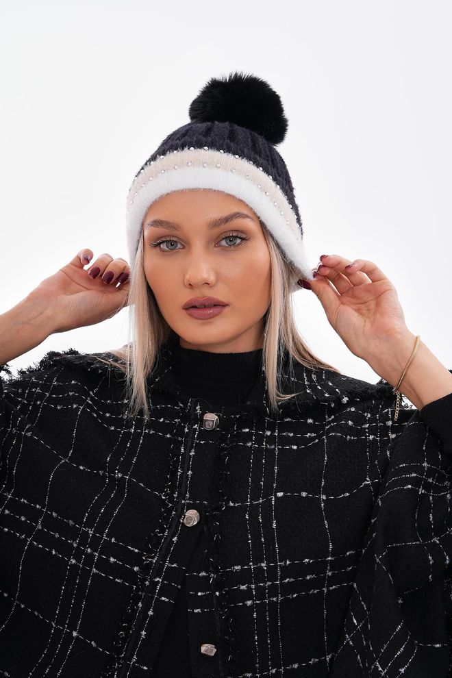 Axesoire Pompom Stoned Polar Fleece Beanie Black Wholesale Clothing 0