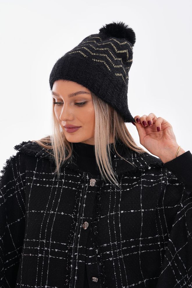 Axesoire Pompom Zigzag Patterned Beret Black Wholesale Clothing 0