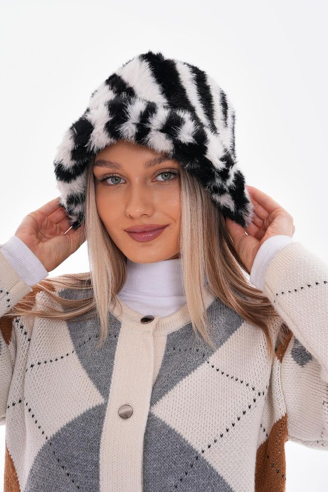 Axesoire Zebra Desenli Peluş Siyah Bucket Şapka Beyaz Toptan Giyim 0