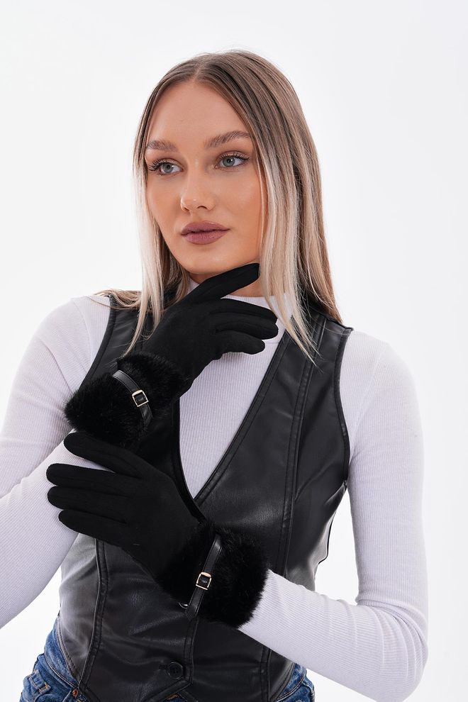 Axesoire Ръкавици Със Сензорен Екран С Кожен Колан Черни Дрехи на едро 0