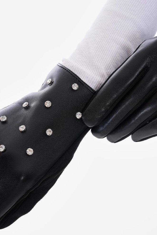 Axesoire Üzeri İncili Dokunmatik Deri Eldiven Siyah Toptan Giyim 4