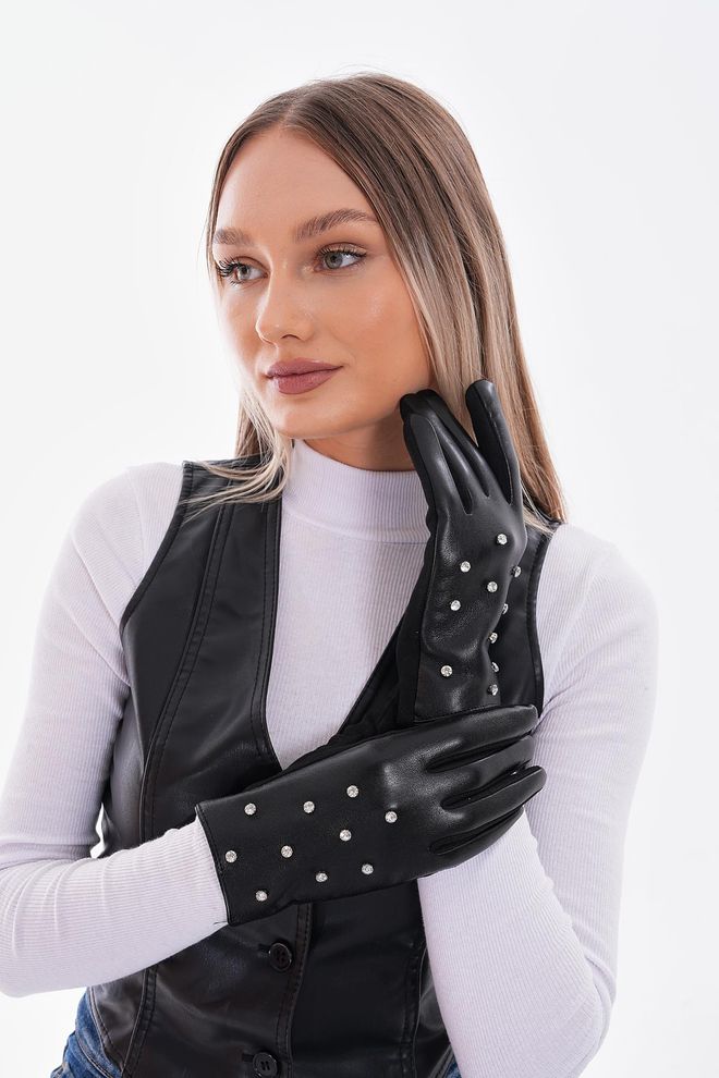 Axesoire Üzeri İncili Dokunmatik Deri Eldiven Siyah Toptan Giyim 1