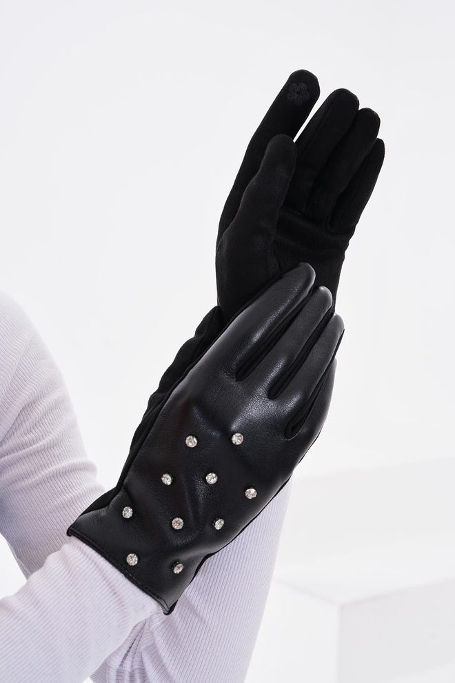 Axesoire Üzeri İncili Dokunmatik Deri Eldiven Siyah Toptan Giyim 5