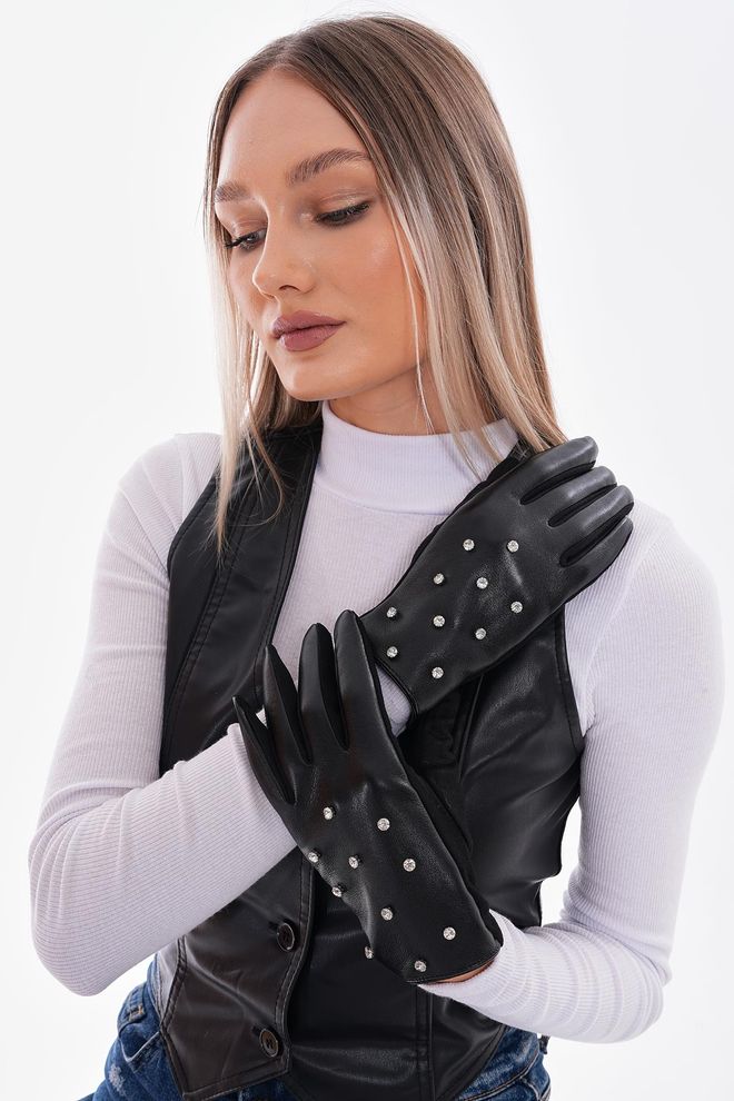 Axesoire Üzeri İncili Dokunmatik Deri Eldiven Siyah Toptan Giyim 2