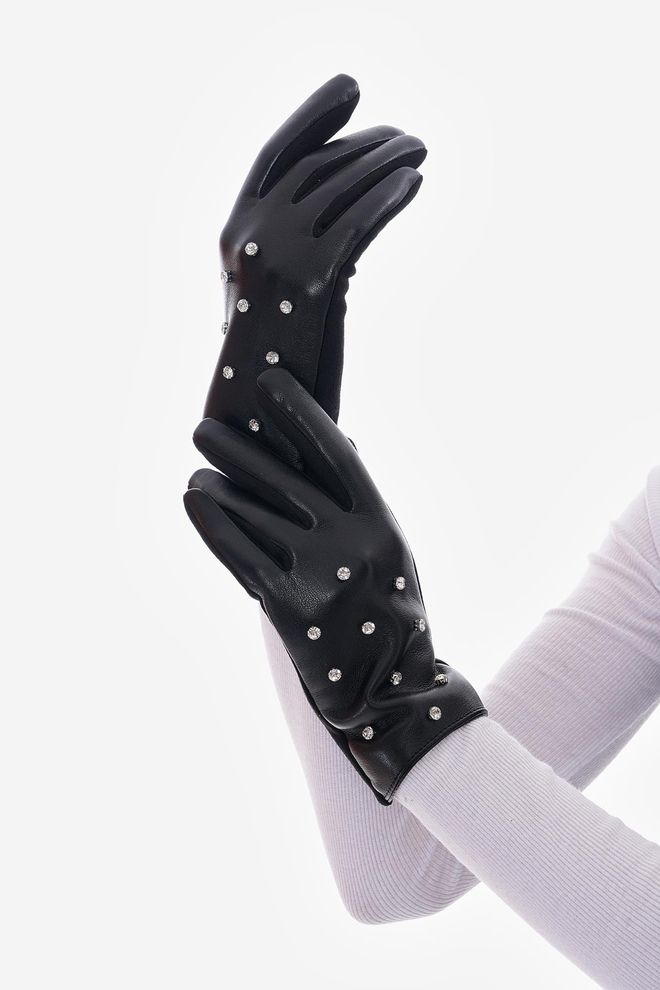 Axesoire Üzeri İncili Dokunmatik Deri Eldiven Siyah Toptan Giyim Kış